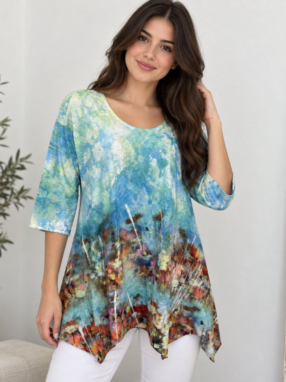 Et' Lois Art To Wear Watercolor Knit Tunic Top Asymmetrical Made In USA Sz S